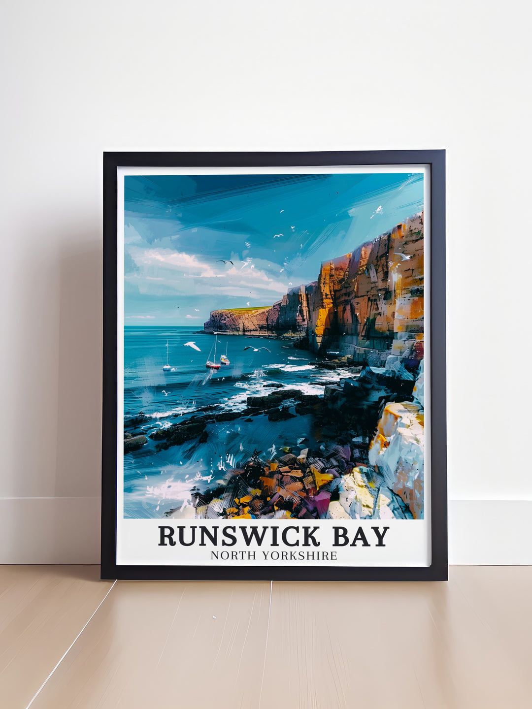 Whitby poster showcasing the beauty of the Cleveland Way Staithes Walk an exquisite piece of coastal artwork perfect for living room decor and a thoughtful gift for those who love the sea and countryside capturing the charm of North Yorkshire in a vintage travel print style