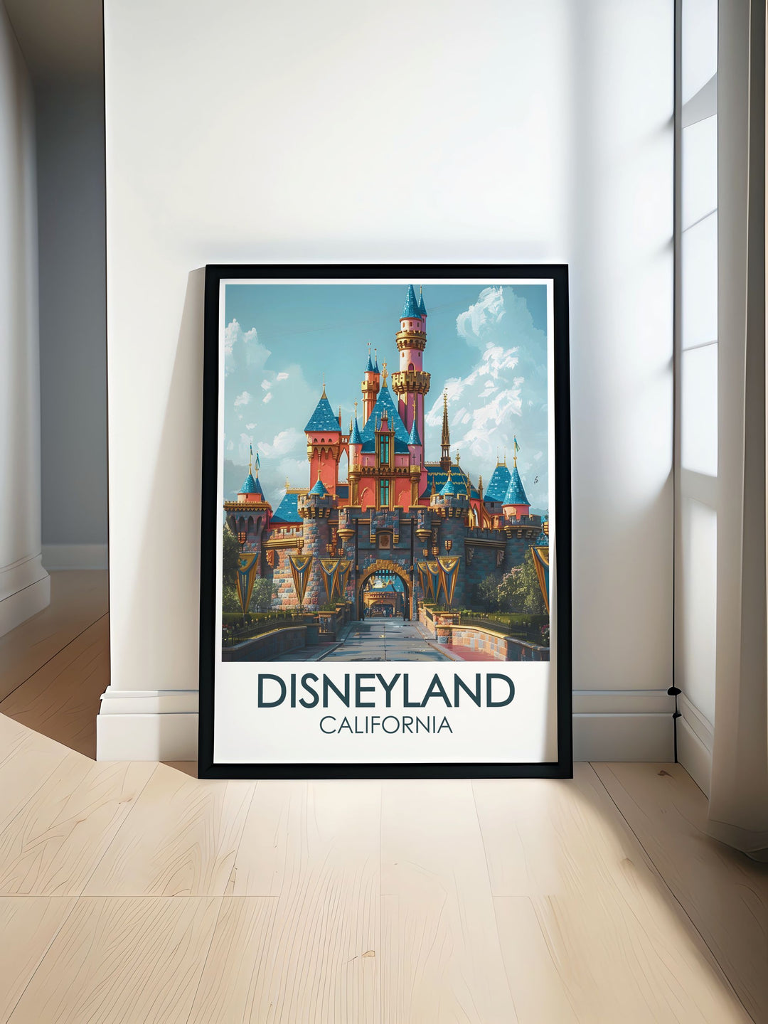 This travel poster beautifully depicts the magic of Disneyland Resort Anaheim, with its enchanting attractions and whimsical charm, making it an ideal piece for Disney fans and collectors. Bring the joy and wonder of Disneyland into your home with this exquisite print.