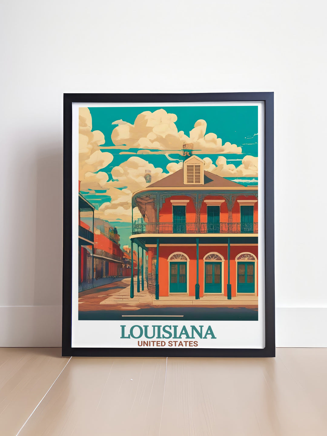 A detailed poster print of New Orleans, featuring the vibrant streets of the French Quarter. This artwork highlights the districts colorful architecture and lively atmosphere, making it an ideal piece for anyone who loves the unique charm and history of Louisianas most famous neighborhood.