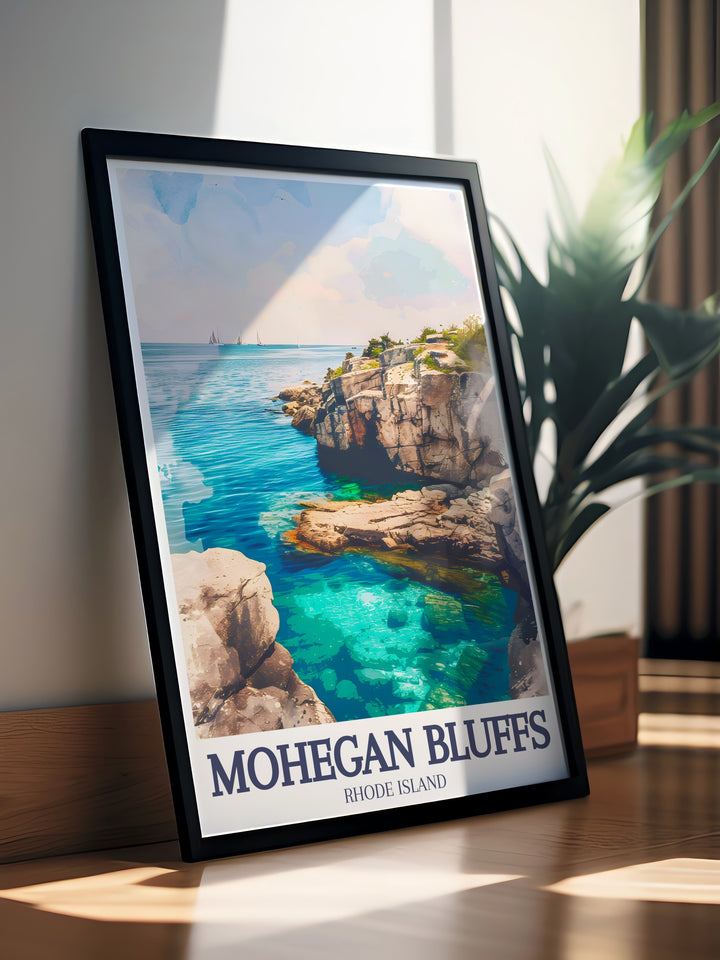 Bring a piece of Rhode Islands coastline into your home with this vibrant Mohegan Bluffs travel print. Featuring Block Islands famous cliffs and beach in soft, serene tones, this vintage poster is perfect for coastal décor, making it a great gift for beach lovers and travel enthusiasts alike.