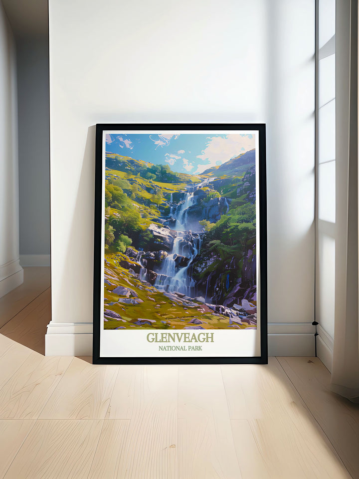 Modern wall decor of Glenveagh National Park, capturing the serene beauty of its landscapes and the iconic waterfall, perfect for bringing a piece of Irelands natural charm into your home.