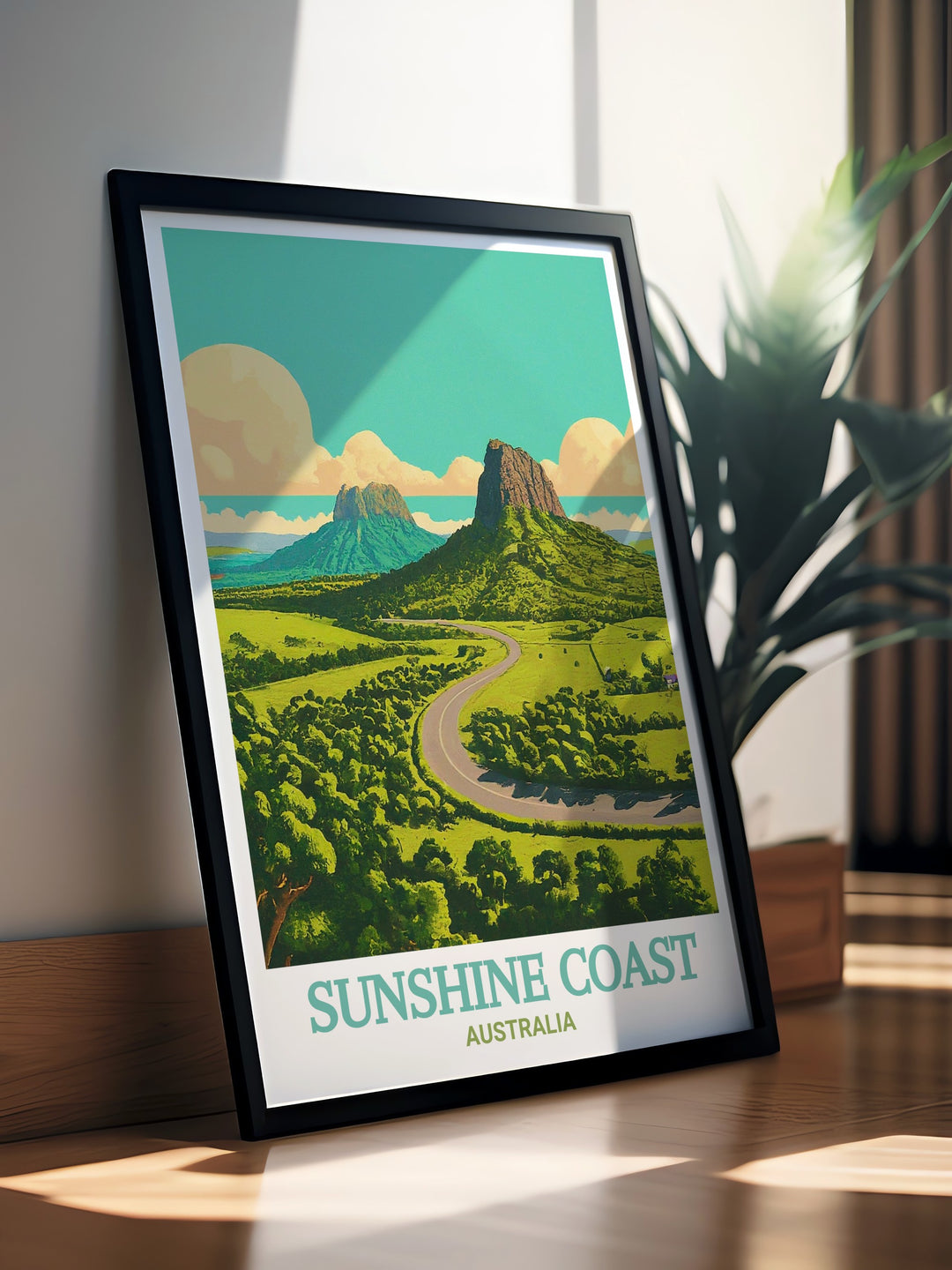 This stunning Sunshine Coast travel print captures the beauty of Australias natural wonders, from the tranquil beaches to the Glass House Mountains. A perfect gift or piece of wall art for anyone passionate about Australias landscapes.