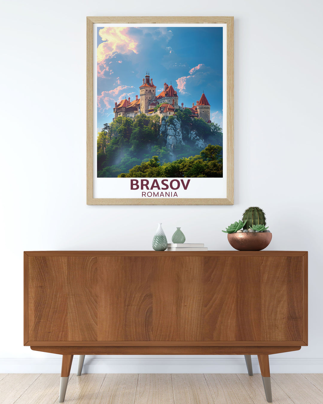 Elegant Brasov Poster featuring the charming streets of Brasov Romania with a focus on the iconic Bran Castle. A great addition to your home decor collection that brings history to life.