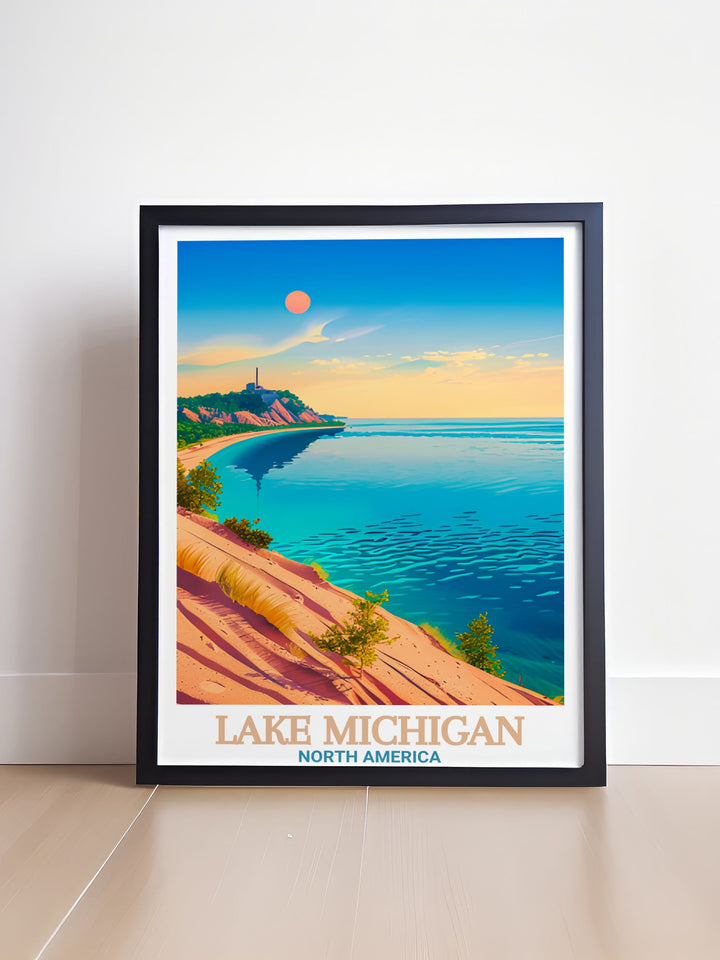 Sleeping Bear Dunes National Lakeshore Modern Art combined with Lake Michigan Poster Print is the perfect way to enhance your home decor. This travel poster print offers a serene and timeless touch to any space ideal for personalized gifts.