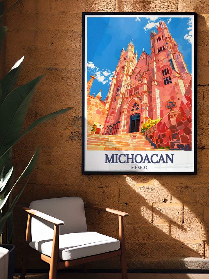 This Morelia Cathedral art print beautifully showcases Michoacáns architectural splendor. Featuring vibrant colors and a vintage poster style, its a great choice for home or office décor. Celebrate Mexicos cultural heritage with this unique travel print.