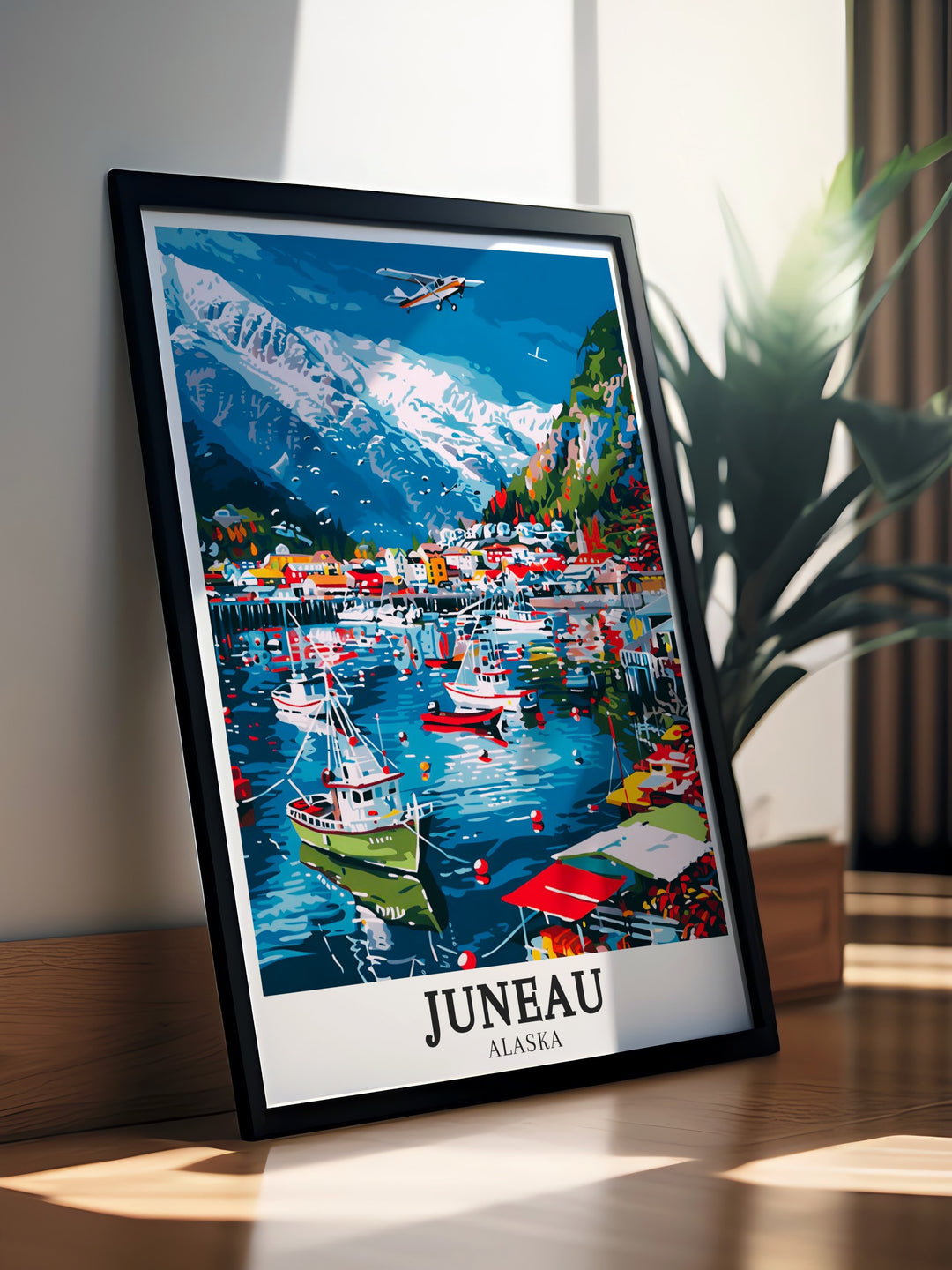 Gastineau Channel canvas art illustrating the majestic scenery of Juneaus coastline. With the harbor in the foreground and the vast channel stretching beyond, this print brings the beauty of Alaskas rugged landscapes to life, perfect for adventurers and nature lovers.