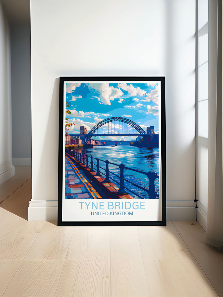 Tyne Bridge Travel Poster featuring the stunning Quayside area of Newcastle Upon Tyne with detailed views of the Sage Gateshead and Millennium Bridge. A perfect wall art print for modern home decor and a thoughtful gift for architecture lovers