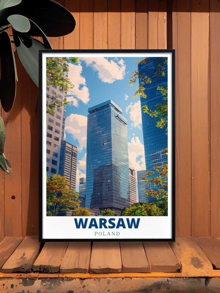 Polish decor art featuring Warsaw Financial Center in stunning modern prints brings a unique cultural touch to your walls. This Warsaw Wall Print captures the essence of Warsaws skyline blending history and modernity in an eye catching cityscape.