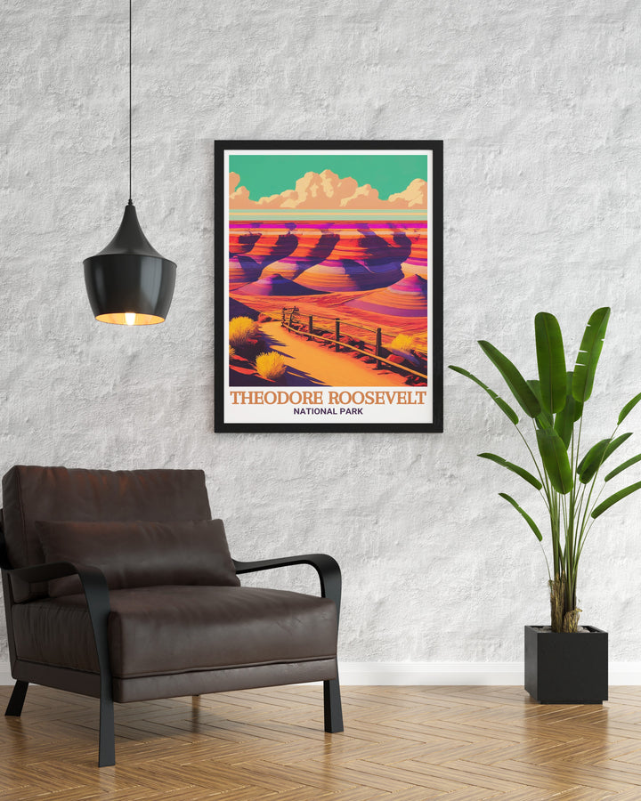 Theodore Roosevelt National Park poster featuring Painted Canyon Overlook brings the majestic scenery of North Dakota into your home a stunning piece of National Park Decor that celebrates the natural beauty of one of Americas most iconic landscapes.