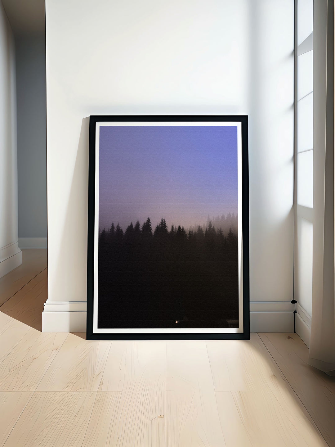 Scenic art piece of a foggy forest, emphasizing the serene and mystical ambiance of misty woods.