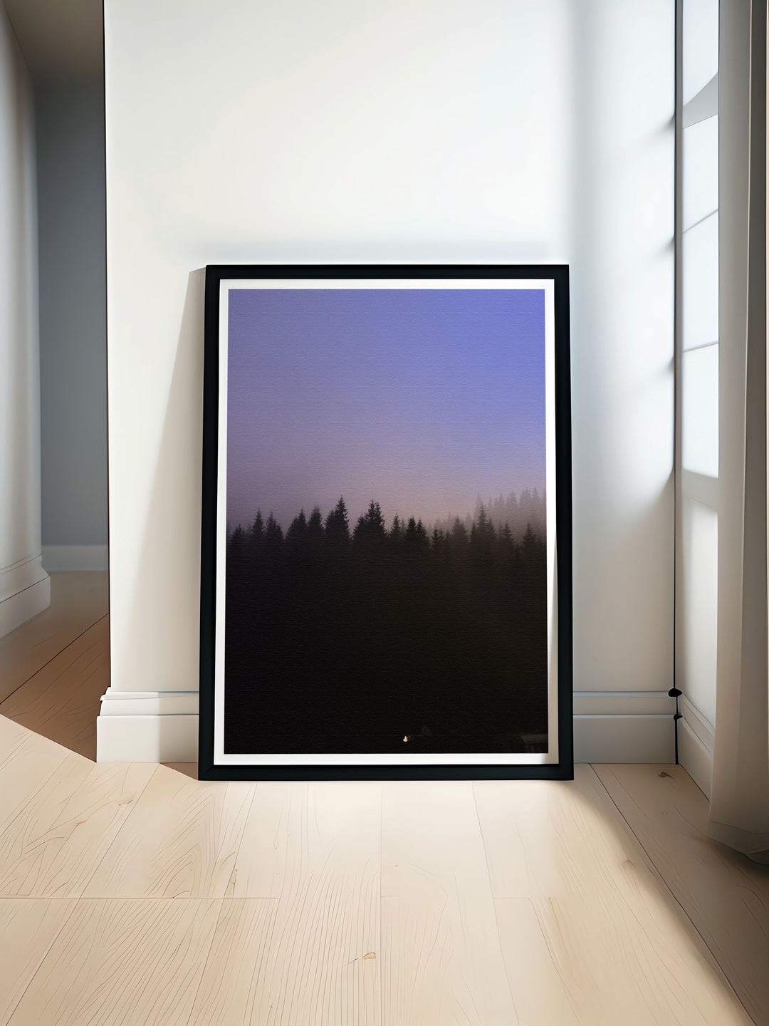 A foggy forest scene brought to life in this matted art print, perfect for creating a relaxing environment in your home. The fine details and misty trees are ideal for those seeking a connection to nature through art.