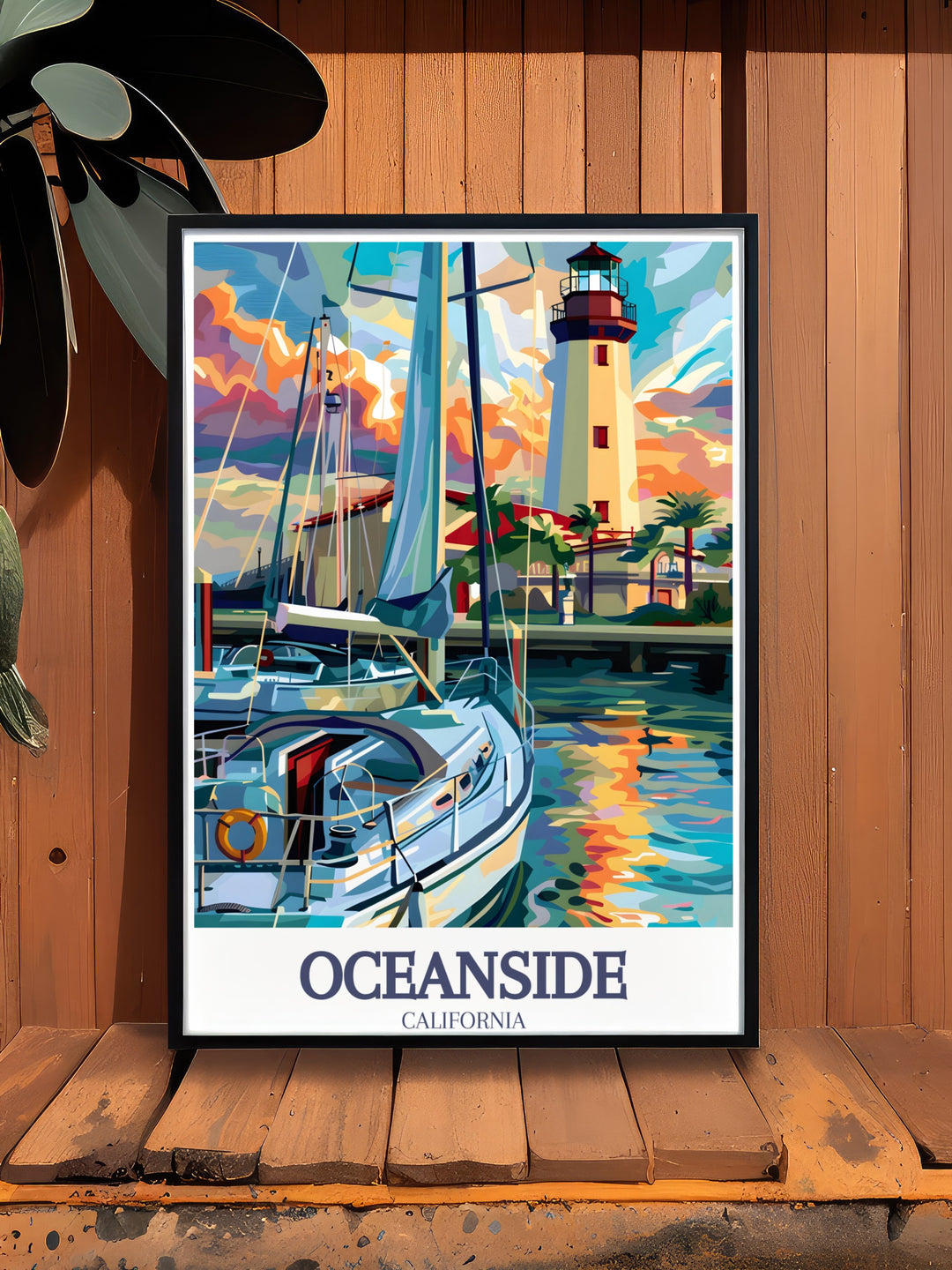 Oceanside Harbor Lighthouse travel poster designed to evoke the tranquility of the harbor with its vibrant colors and detailed illustration a perfect addition to any room or as a unique gift for art lovers