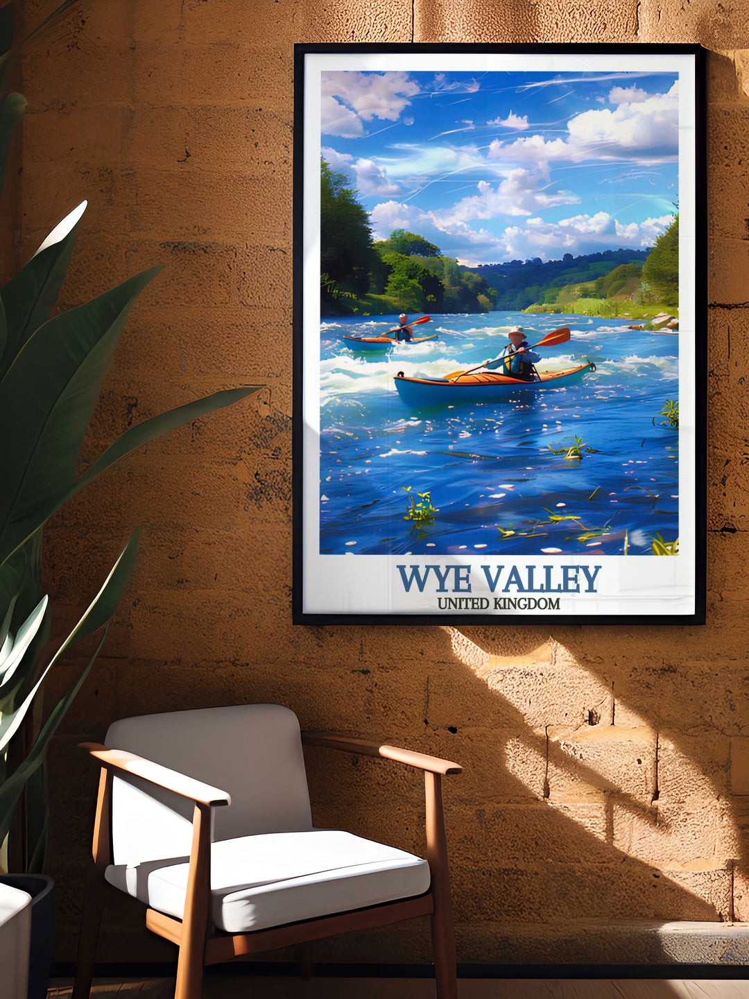 Elegant Canoeing and Kayaking on the River Wye modern art piece showcasing serene river landscapes and forested surroundings. Adds a sophisticated touch to any wall decor.