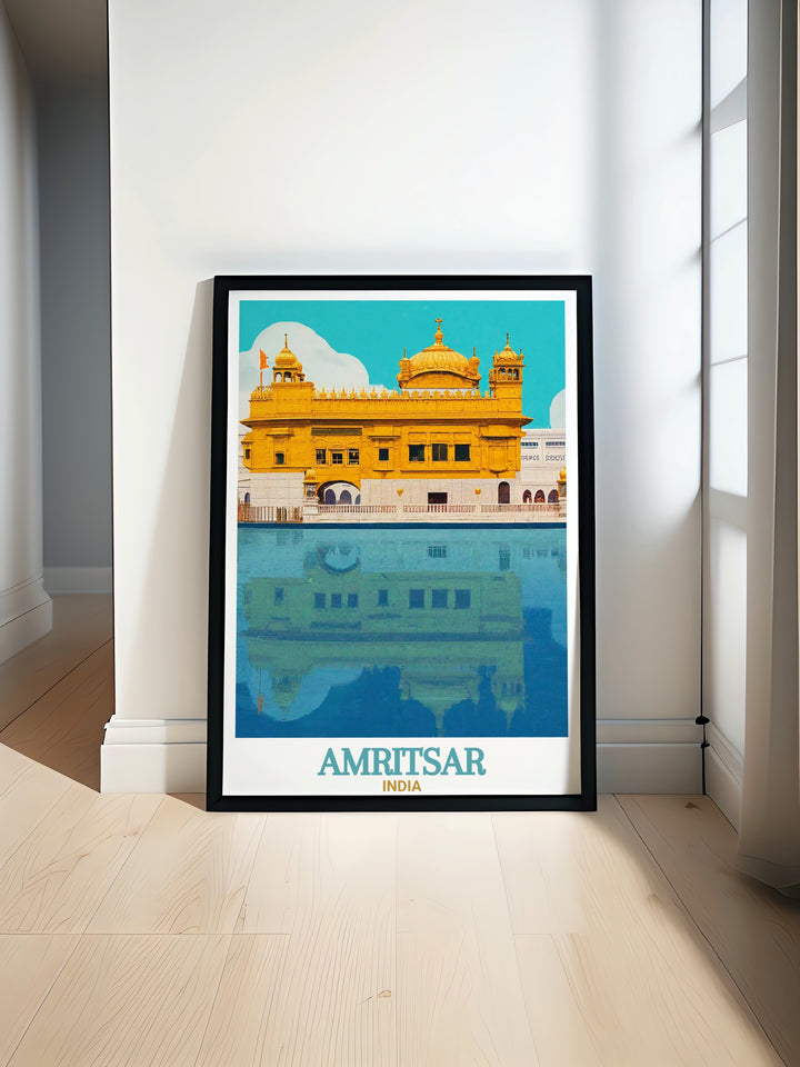 Amritsar poster print celebrates the cultural and spiritual beauty of this northern Indian city, featuring the iconic Golden Temple. This travel print brings a sense of serenity and history into your home, perfect for lovers of Indian art and heritage.