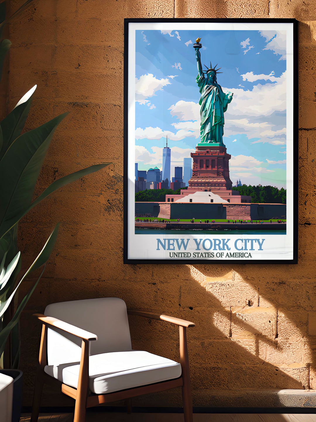 Statue of Liberty modern prints and New York watercolour skyline art making thoughtful gifts and stunning living room decor