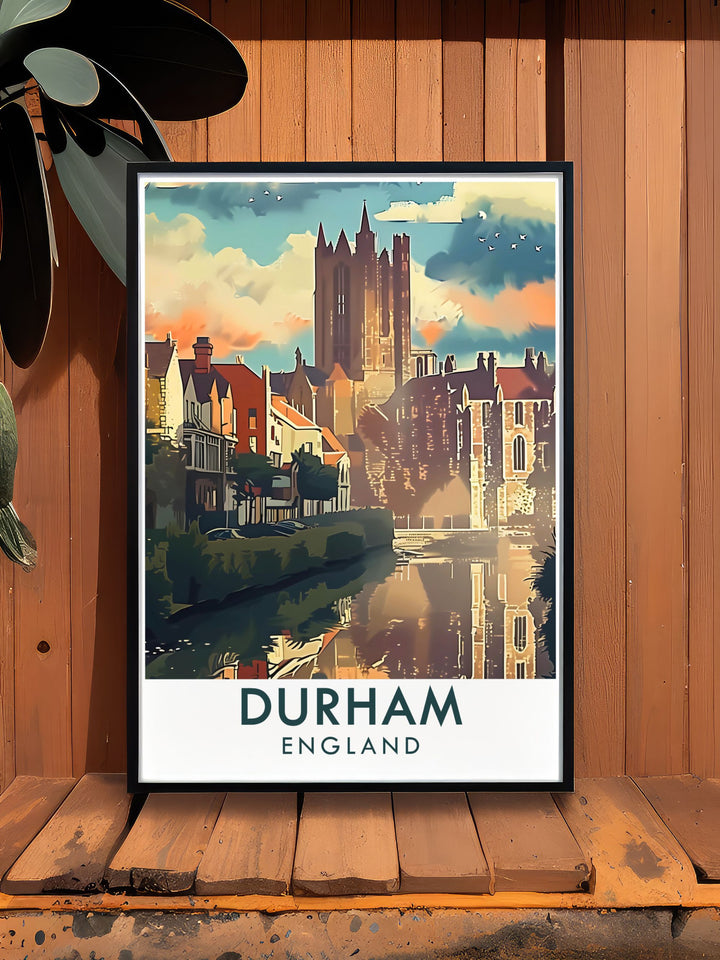 Durhams enchanting cathedral and historic architecture are depicted in this travel poster, offering a visual journey through one of Englands most picturesque cities.