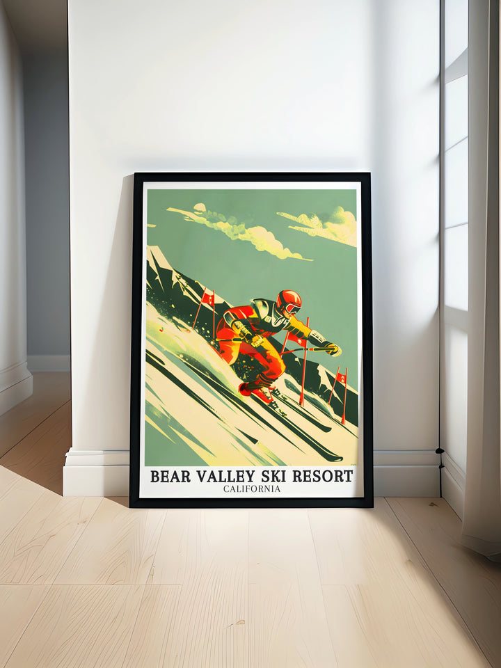 Blue Run, NASTAR course is beautifully depicted in this Bear Valley ski resort travel poster offering a vibrant view of the Sierra Nevadas thrilling slopes. Perfect for any décor this print captures the excitement and beauty of Bear Valley Skiing.