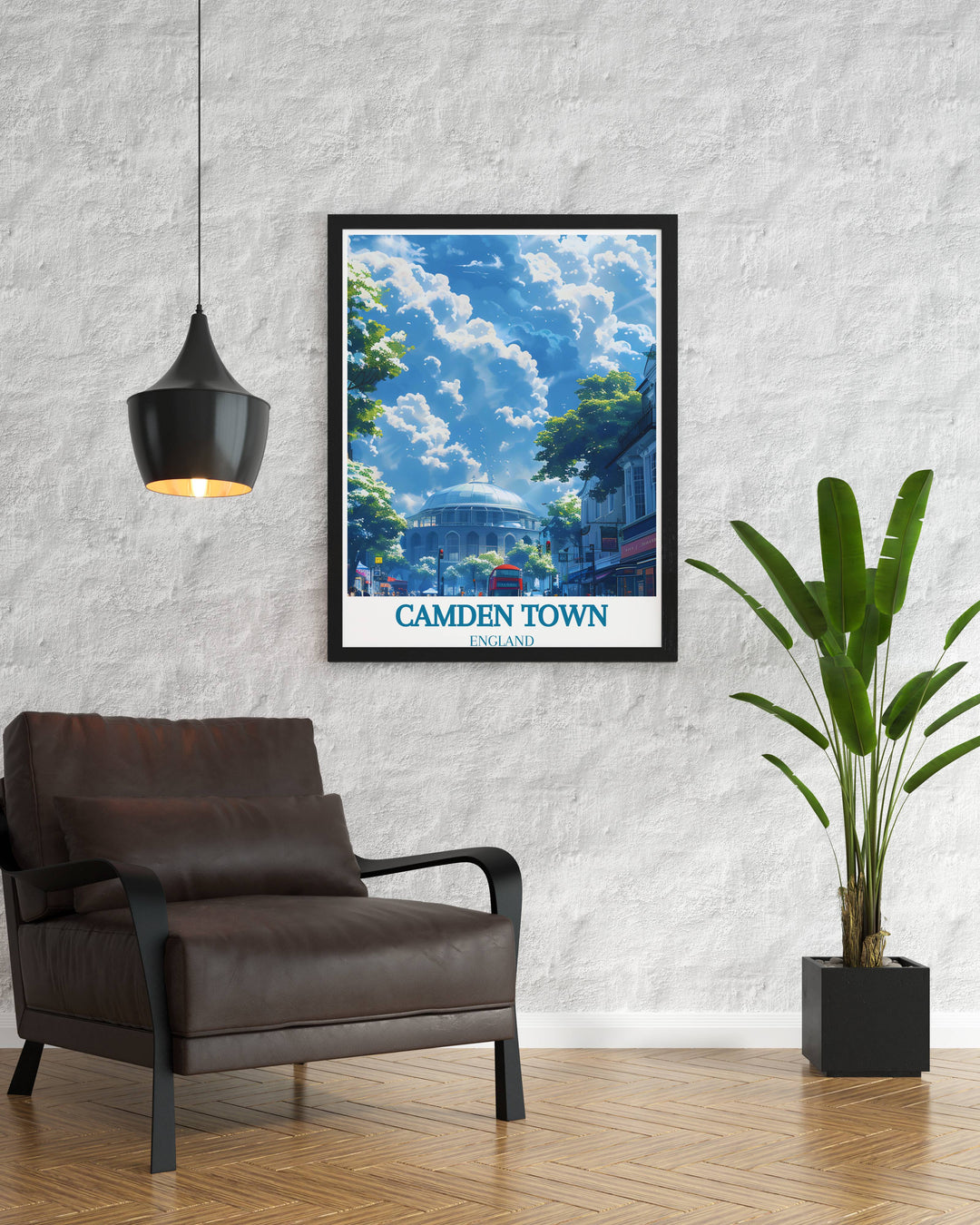 Camden Market Art print with The Roundhouse showcasing the dynamic street life and iconic landmarks of Camden Town London a beautiful addition to your home decor or as a special travel memento.