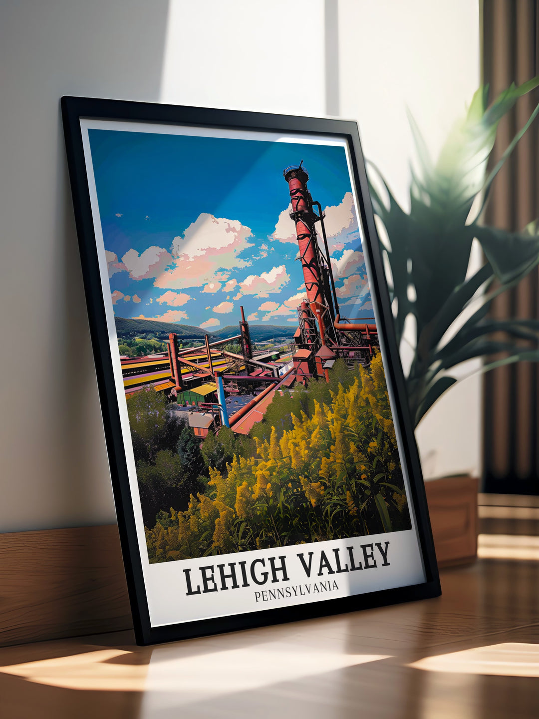 Bethlehem Steel travel print highlighting the legacy of one of Americas largest steel manufacturers. This canvas art brings the industrial heritage of Pennsylvania into your home, making it a great choice for those interested in American history and industrial architecture.