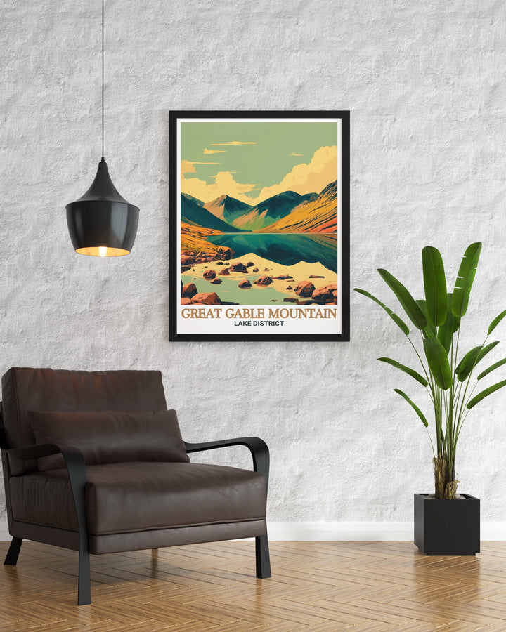 Our Great Gable travel poster captures the majestic views from the mountains summit, offering a breathtaking perspective of the Lake District. The print emphasizes the rugged beauty of the regions landscapes, making it an excellent choice for those who appreciate the grandeur of Englands national parks. This travel poster brings a touch of natures beauty into your home decor.