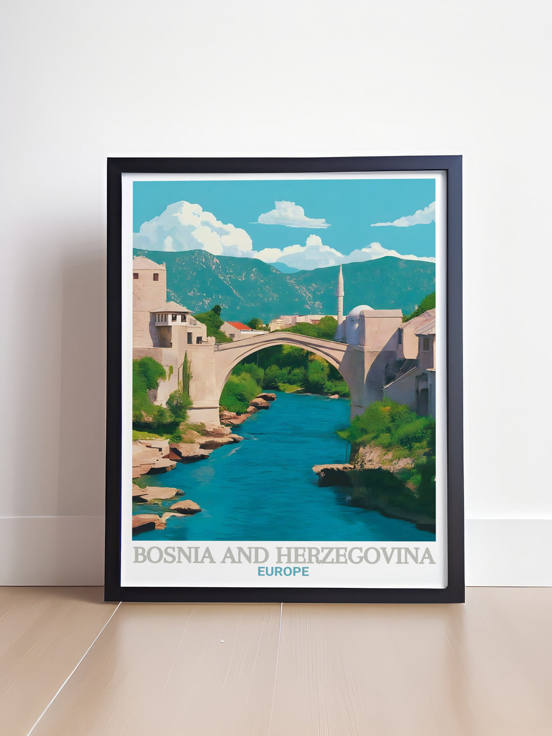 Stari Most poster print captures the architectural splendor of Bosnia and Herzegovinas most famous bridge, with its intricate details and vibrant colors. A perfect gift for travelers and art lovers alike, this travel print is a stunning piece of decor.