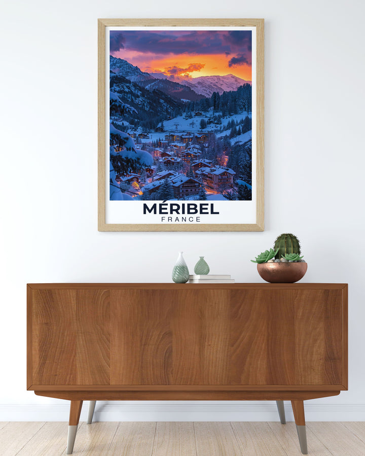 Stunning Meribel Village framed prints bring the dynamic energy of the slopes into your living room with vibrant snowboarding artwork and elegant designs