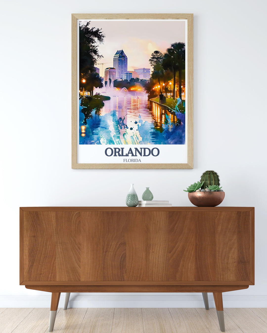 Lake Eola Park travel print showcasing the serene beauty of the parks iconic fountain and walking paths. This minimalist design reflects the peaceful nature of Orlandos beloved park, making it an ideal gift for nature lovers and Florida fans. Available as a digital download or framed poster.