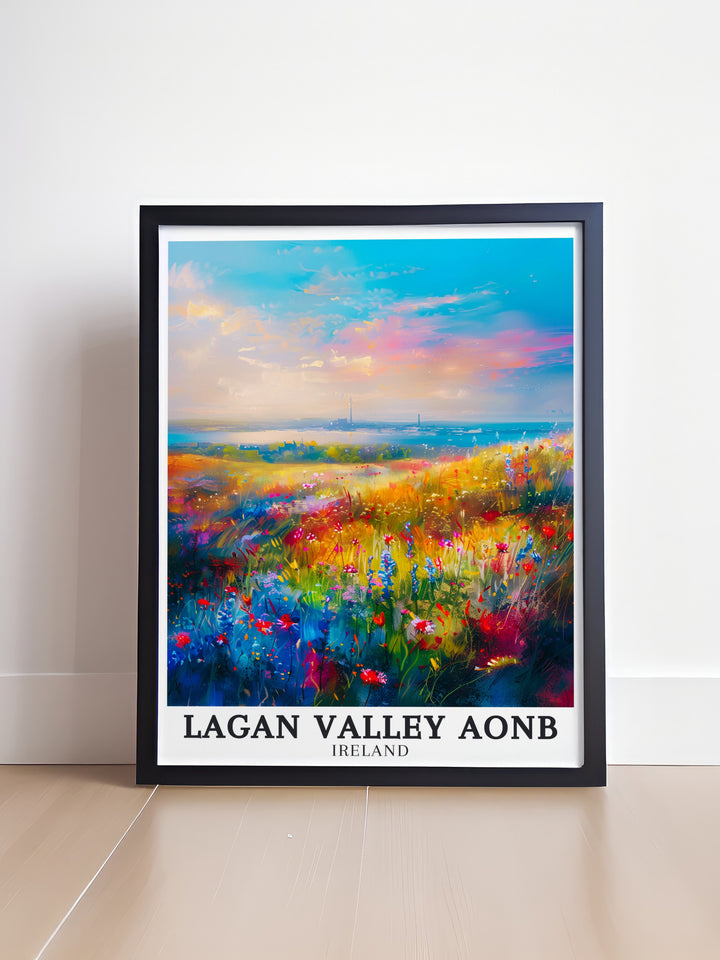 Celebrate Northern Ireland with River Lagan Belfast City modern decor. This stunning living room art showcases the beauty of the River Lagan as it winds through the city of Belfast creating a perfect visual representation of nature meeting city life.