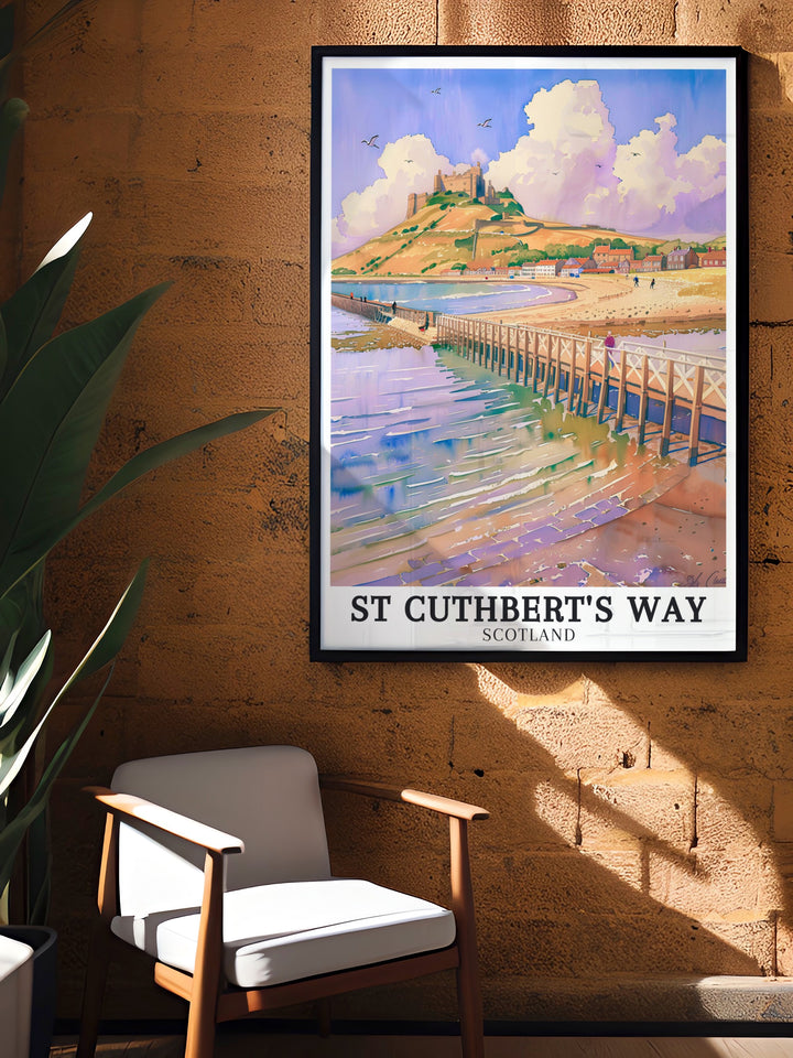 Stunning artwork of Lindisfarne Priory Holy Island and Lindisfarne Castle along the historic St Cuthberts Way trail capturing the essence of the Scottish Borders and Northumberland in this elegant and timeless National Park poster