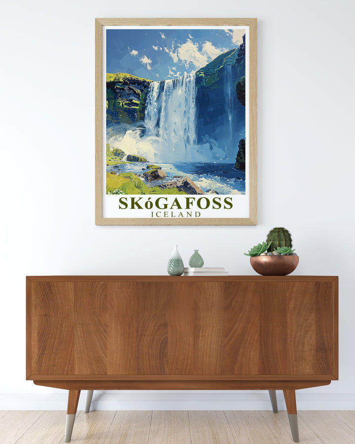 Beautiful Skogafoss Waterfall Poster showcasing the impressive waterfall and scenic Icelandic backdrop perfect for creating a focal point in your space with Waterfall Modern Décor and Stunning Living Room Decor ideal for fans of National Park Posters and Iceland Poster Art