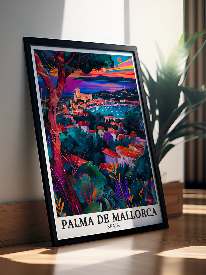 Elegant Spain wall art showcasing the grandeur of Bellver Castle and the sparkling waters of Palma Bay. This artwork beautifully captures the essence of Palma de Mallorca, offering a glimpse into the citys rich history and stunning coastal landscapes