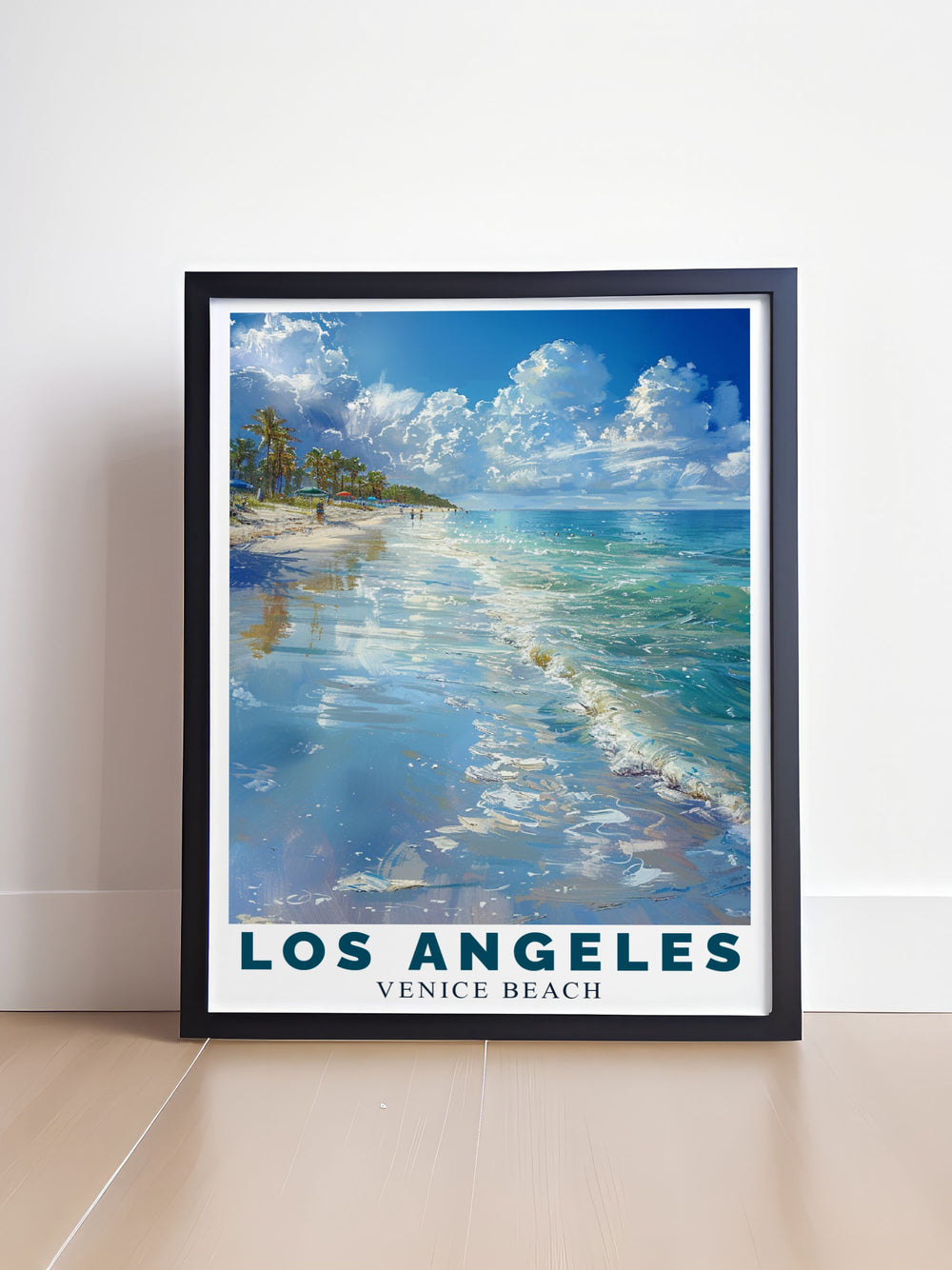 This travel poster of Los Angeles captures the citys vibrant energy and iconic landmarks, perfect for bringing the dynamic spirit of California into your home decor.