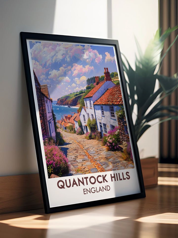 Nether Stowey framed print depicting the lush greenery and breathtaking vistas of Quantock Hills AONB a perfect addition to your home decor or as a thoughtful gift for nature lovers and travel enthusiasts who cherish Somerset Travel Art.