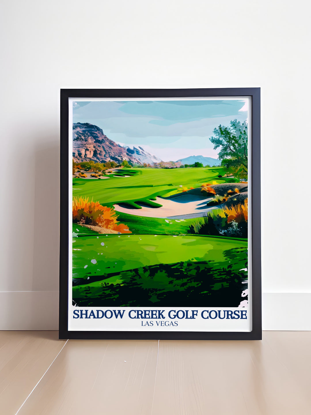 A beautiful travel print of Shadow Creek Golf Course, blending the lush greens of the fairways with the rugged Nevada desert and Black Mountain. This wall art is perfect for those who love golf and appreciate the tranquil beauty of natural landscapes. A great addition to any home or office.