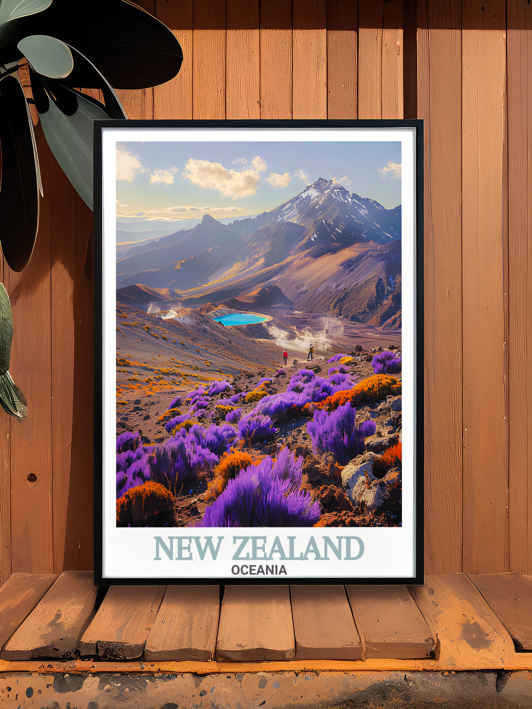 Stunning retro travel poster highlighting the rugged beauty of Tongariro National Park and the peaceful Akaroa Lighthouse designed for those who love New Zealand travel art and wish to elevate their home with vibrant scenic imagery.