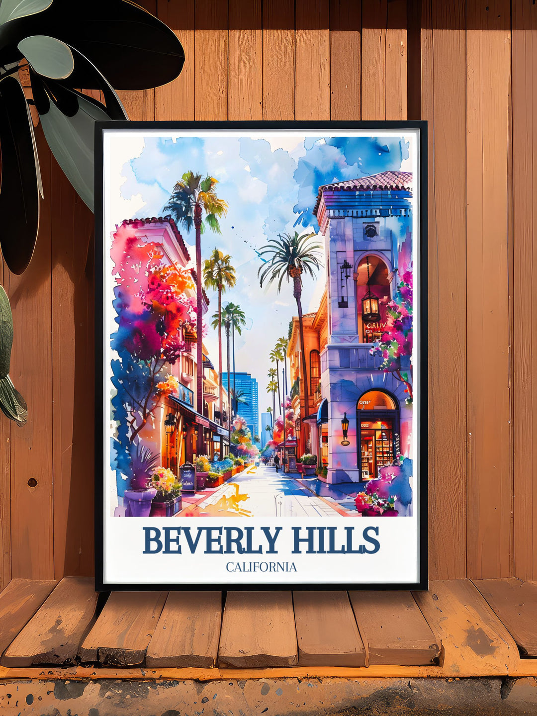 Unique artwork of Beverly Hills featuring Rodeo Drive and Three Rodeo Drive, perfect for personalized gifts or home decor. This print captures the essence of Californias most glamorous and scenic landmarks.
