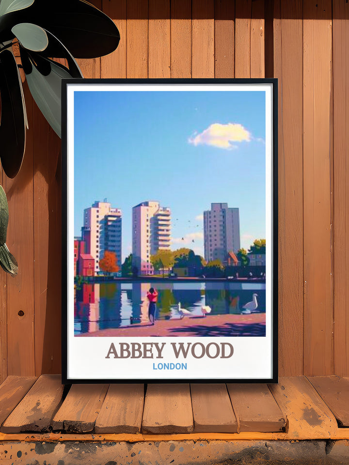 Vintage travel print showcasing Southmere Lake and Lesnes Abbey Woods in Bexley London a stunning piece of wall art that combines the natural beauty of South East London with its rich historical heritage perfect for elegant home decor