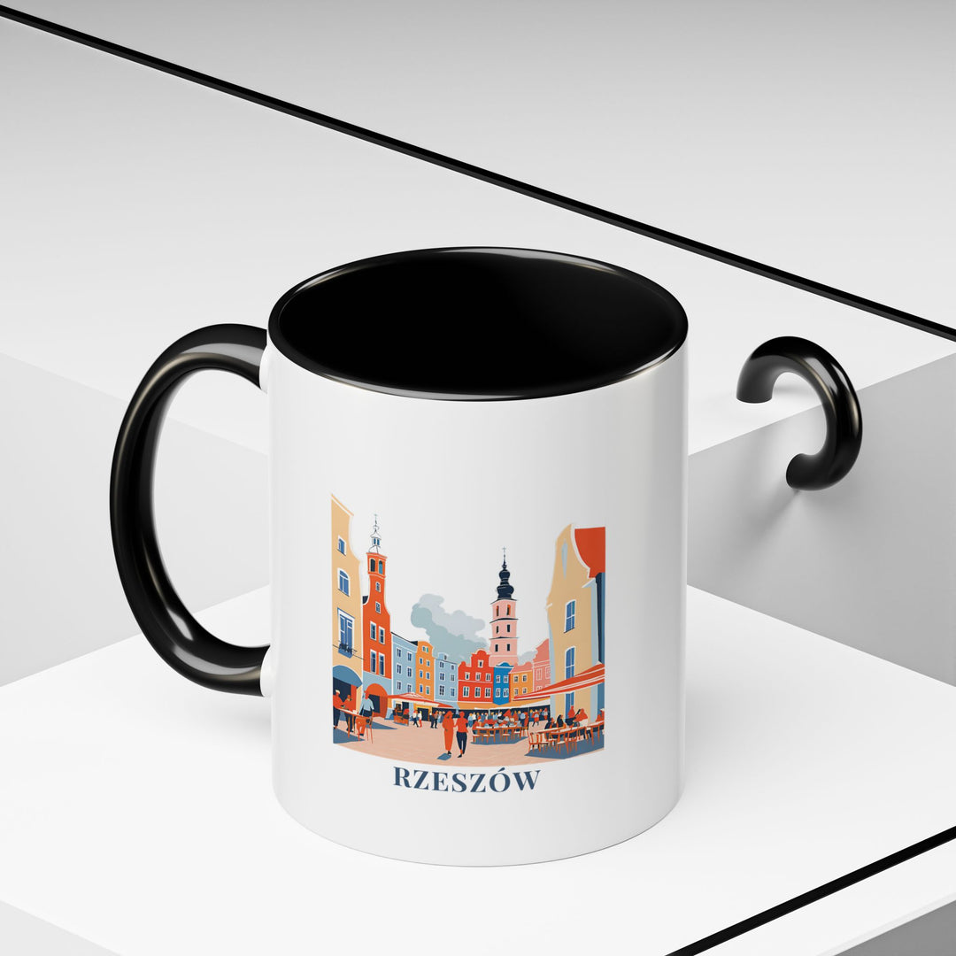 A stylish Rzeszów Poland mug perfect for coffee and tea lovers. Showcasing detailed designs of the city's historic architecture and picturesque scenery, this ceramic mug is durable, dishwasher safe, and an excellent gift for those who appreciate cultural heritage.