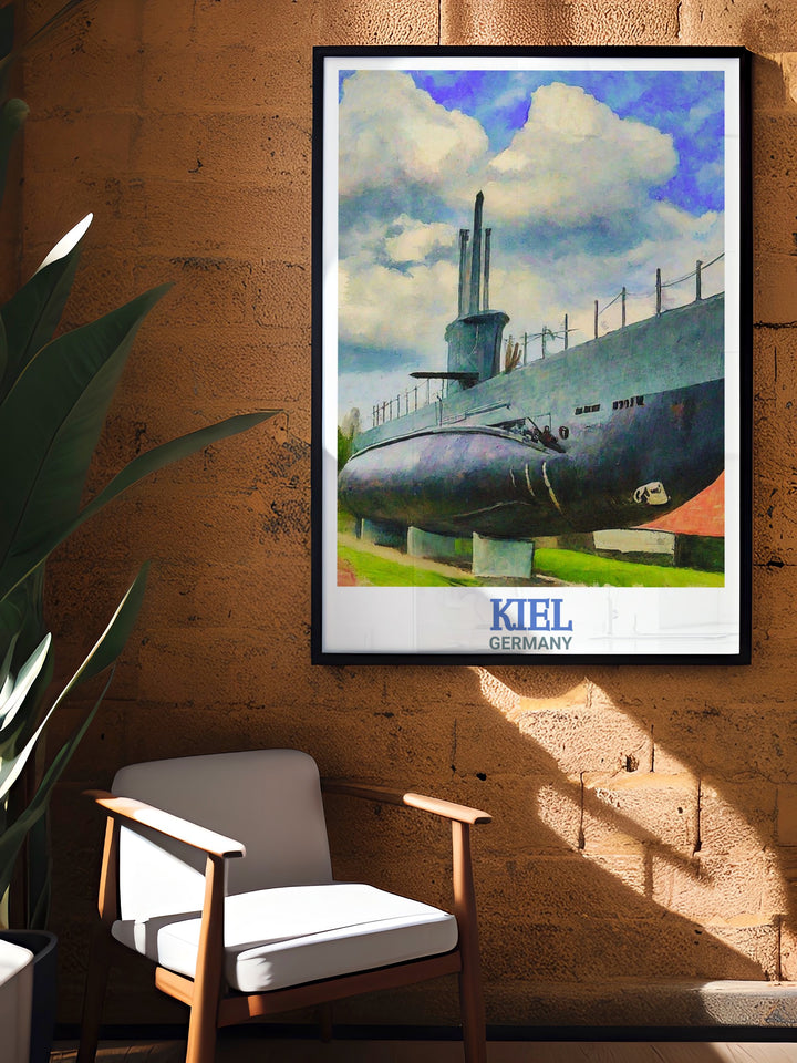 Celebrate Germanys naval heritage with this Kiel poster print featuring U Boot U 995. The historic submarine, set against a backdrop of the Baltic Sea, offers a timeless reminder of World War II history.