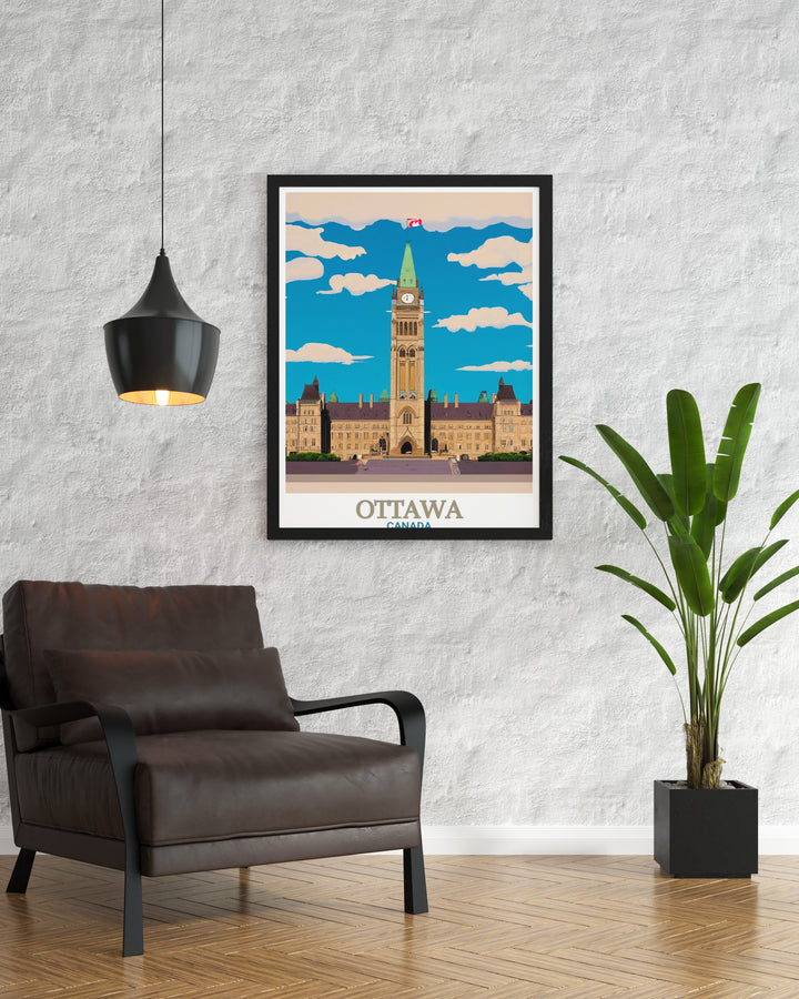 Digital download of Parliament Hill Travel poster highlighting Ottawas historic charm. This wall art piece brings the grandeur of Parliament Hill into your home offering a timeless representation of one of Canadas most significant landmarks.