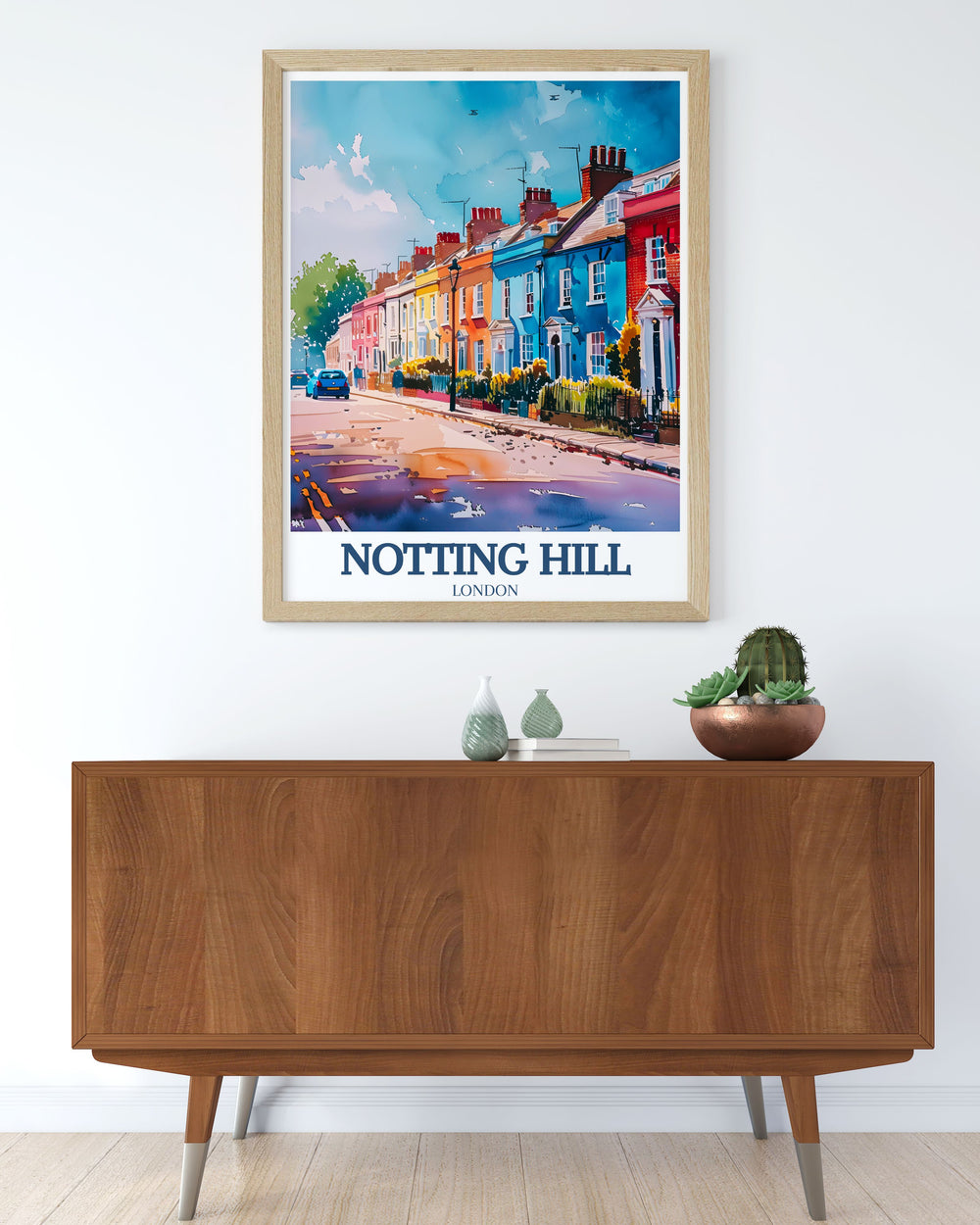 London travel poster showcasing the iconic Portobello Road Market and St. Peters Church brings the vibrant streets of Notting Hill into your home ideal for those who love British culture and want a stunning art piece to display in their living room or office