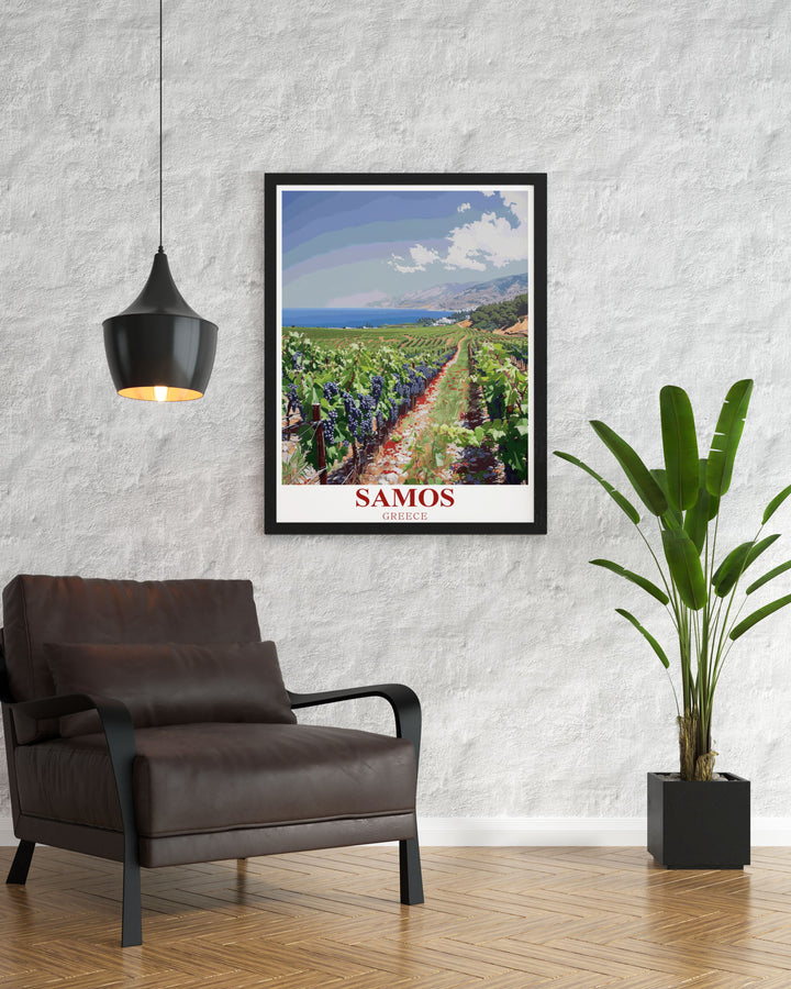 Our Samos travel poster showcases the islands lush vineyards, with their rich history of producing Muscat wine. The artwork offers a glimpse into Greeces timeless winemaking tradition, making it a perfect addition to your home or as a gift for those who love Greece.