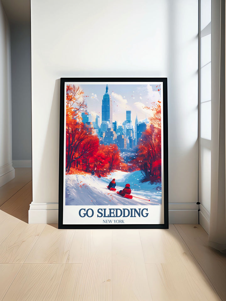 Vintage poster celebrating the timeless tradition of sledding in Central Park, capturing the nostalgic charm of winter activities in New York City.
