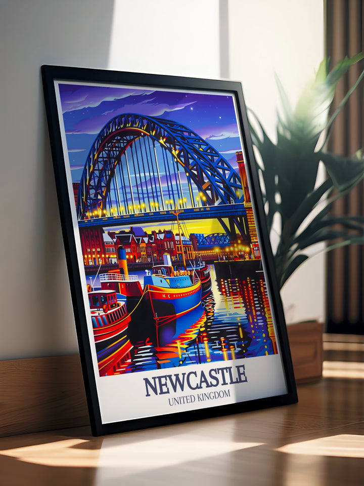 Featuring the iconic Tyne Bridge and the Quayside district, this Newcastle art print is a must have for any UK wall art enthusiast. The detailed travel print brings Newcastles vibrant skyline into your home, creating a perfect decor piece or thoughtful England travel gift.