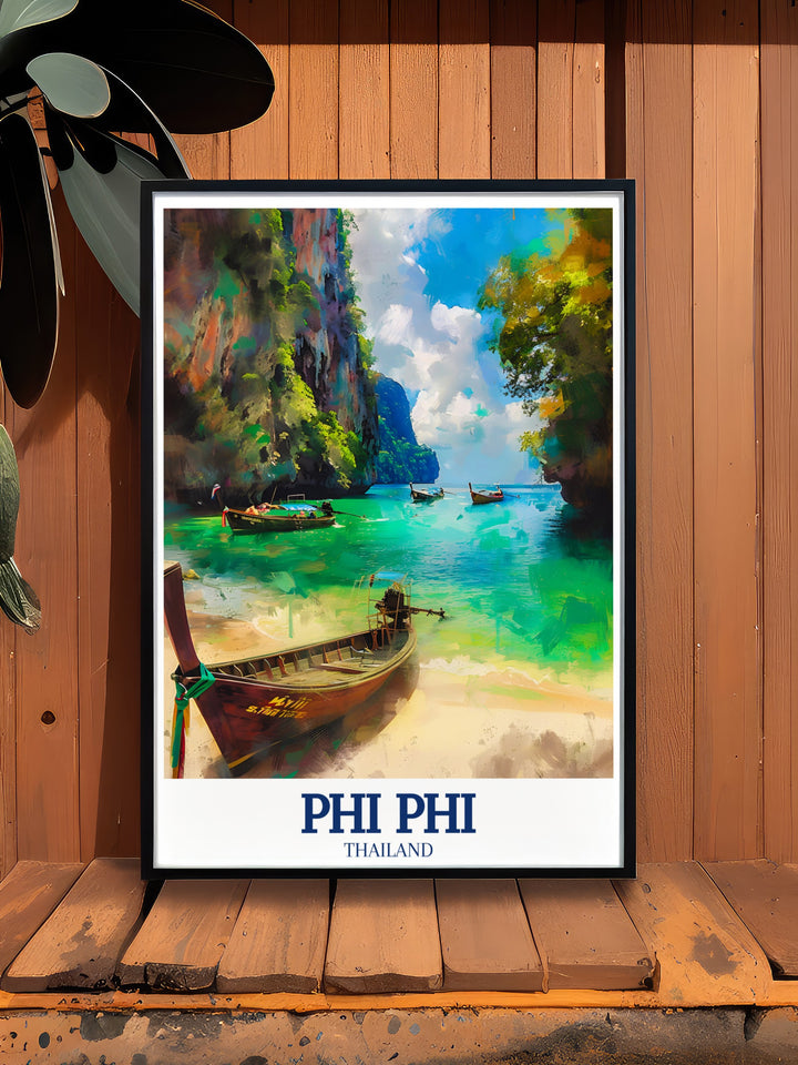 Phi Phi Islands, known for their crystal clear waters and serene beaches, are the focus of this travel poster. Featuring Maya Bay and Phi Phi Ley, this artwork is perfect for anyone who loves tropical destinations or dreams of exploring Thailand.