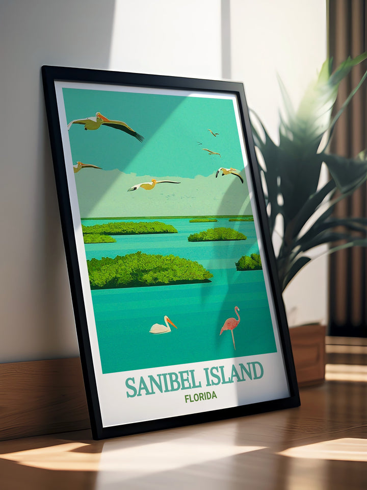 Eye catching travel poster of J.N. Ding Darling National Wildlife Refuge on Sanibel Island, Florida, illustrating the refuges serene waterways, lush vegetation, and abundant wildlife. This detailed poster brings the calming presence of Floridas natural beauty into any space, perfect for those looking to create a peaceful, nature oriented ambiance in their home.