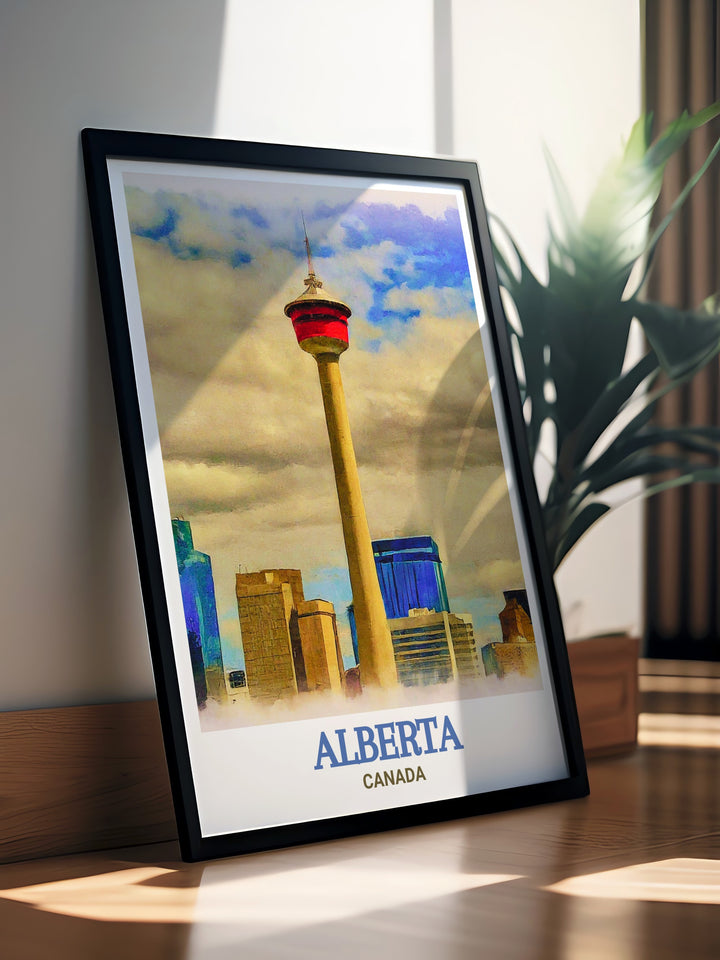 Alberta travel poster of Calgary Tower, capturing the iconic skyline and bustling urban environment. This print is perfect for decorating your home with a piece of Alberta's charm.