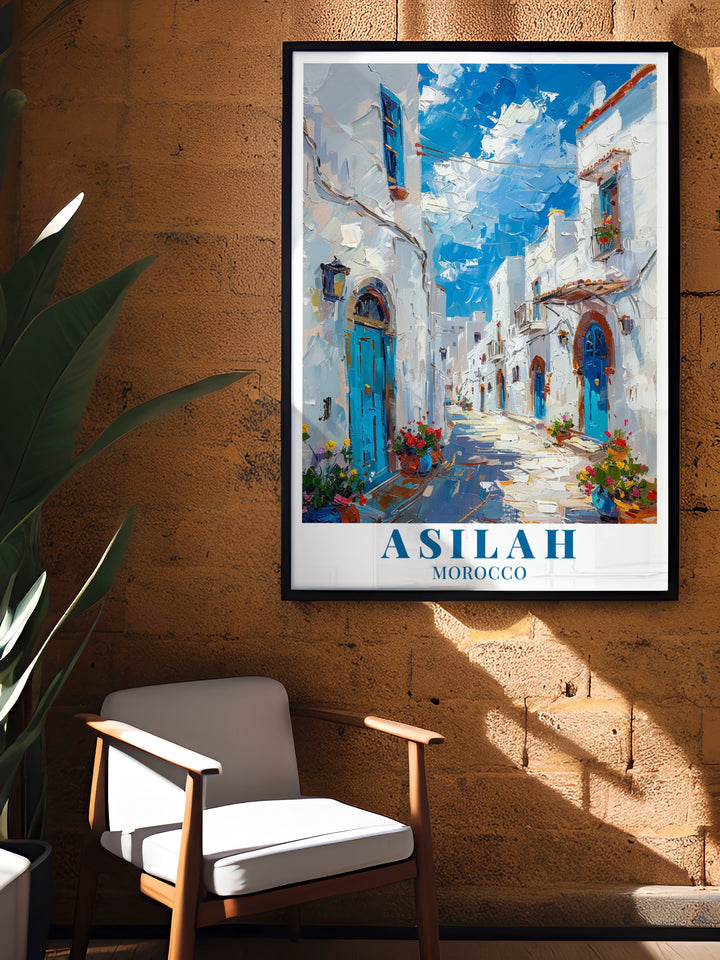 Framed Asilah Wall Art Showcasing the beauty of the Medina of Asilah, this framed wall art provides a detailed look at the towns most iconic features. From the historic gates to the coastline, this print is perfect for lovers of Moroccan architecture and coastal charm. The frame adds elegance and makes it a standout addition to any room, blending the elements of traditional Moroccan art with modern décor.