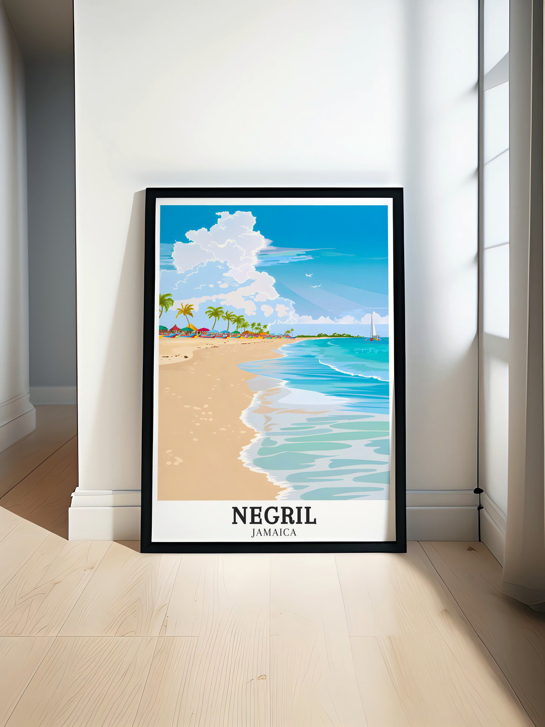 Negril and Caribbean Sea art deco travel posters showcasing vibrant landscapes and serene waters of Jamaica, including Seven Mile Beach and Norman Manley Blvd. These framed travel posters are ideal for adding a touch of coastal elegance to your wall decor. Experience the charm of Negril through our beautifully crafted art deco travel posters.