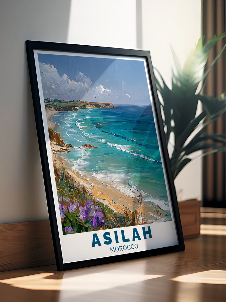 Asilah Gift Art This gift print celebrates the coastal and architectural wonders of Asilah. Its a perfect gift for anyone who appreciates Moroccan culture, featuring detailed illustrations of the towns historic medina and its proximity to the pristine Paradise Beach. The intricate design offers a rich blend of Moroccan history, art, and beachside charm, ideal for gift giving.